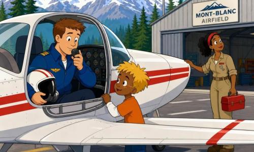 Léo, pilote d'une trentaine d'années, cheveux bruns courts, veste bleue et casque sous le bras, effectue des vérifications dans le cockpit d'un petit avion blanc à bande rouge en parlant au micro; Noé, garçon d'environ huit ans, cheveux blonds en bataille, regarde Léo avec admiration depuis la porte du cockpit, mains sur la rambarde; Sana, mécanicienne d'une trentaine d'années en tenue kaki, boîte à outils rouge à la main, inspecte l'aile près du hangar; petit aéroport de montagne avec piste courte, hangar en tôle, manche à air flottante, sapins et sommets enneigés sous un ciel clair — préparation calme et rassurante avant le décollage.