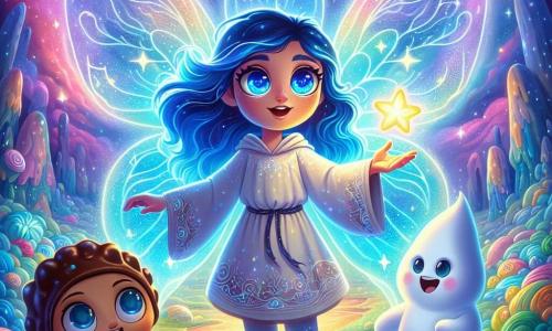 Lyra, une jeune fille de douze ans aux cheveux bleu profond, se tient au centre de l'image, les yeux brillants d'excitation. Elle porte une tunique légère ornée de motifs étoilés et tend la main vers une étoile lumineuse flottante. À ses côtés, Gigi, un petit bonhomme à la peau en guimauve de huit ans avec un chapeau en chocolat, sourit joyeusement. Elyndra, la Gardienne des Portails, est une créature majestueuse avec des ailes translucides brillantes, observant Lyra avec bienveillance. Le paysage cosmique vibrant, avec des planètes colorées et des rivières de lumière, crée une atmosphère magique. Lyra, Gigi et Elyndra se préparent à entrer dans un portail lumineux, symbolisant le début de leur quête pour retrouver l'Étoile de l'Équilibre, leurs visages reflétant excitation et aventure.
