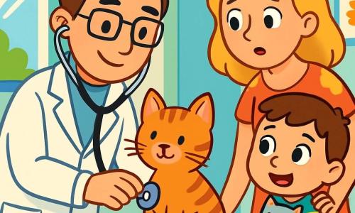 Un vétérinaire d'une trentaine d'années, avec des cheveux bruns et des lunettes, sourit en examinant un chat tigré sur une table. Il porte une blouse blanche et un stéthoscope, affichant une expression bienveillante. À ses côtés, une mère d'une quarantaine d'années, avec des cheveux blonds, regarde son fils de 6 ans, qui est excité. Le garçon, avec des cheveux châtains et un t-shirt à rayures, tient un jouet en forme de chat. La clinique vétérinaire est lumineuse, avec des murs bleu pastel et des affiches d'animaux. Le vétérinaire écoute le cœur du chat, tandis que le garçon et sa mère attendent, curieux de savoir si Minou va bien.