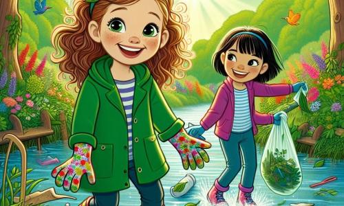 Clara, une fille de 12 ans aux cheveux bouclés et aux yeux pétillants, sourit en ramassant des déchets au bord d'un ruisseau. Elle porte une veste verte et des gants de jardinage colorés. À ses côtés, son amie Emma, également âgée de 12 ans, avec des cheveux lisses et une frange, tient un sac poubelle et l'encourage. Le ruisseau scintille sous le soleil, entouré de verdure et de fleurs colorées. Des oiseaux chantent, créant une ambiance joyeuse. Les deux amies s'efforcent de nettoyer l'environnement en ramassant des déchets, montrant leur engagement à protéger la nature.
