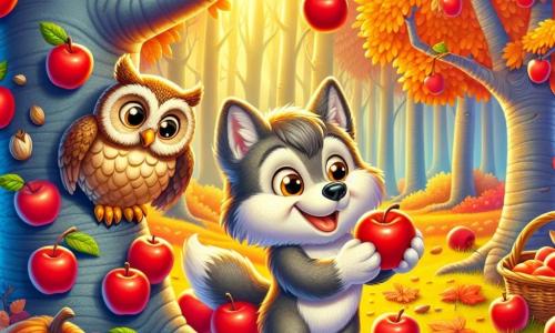 Un petit loup aux poils gris et aux yeux pétillants, souriant, ramasse des pommes rouges sous un pommier aux feuilles dorées. À côté, un hibou sage avec un plumage brun observe, prêt à aider. La scène se déroule dans une forêt enchantée aux couleurs d'automne, avec un sol recouvert de feuilles mortes. Ils préparent une tarte aux pommes, entourés de fruits et de noix, tandis que le soleil se couche, projetant une douce lumière dorée.