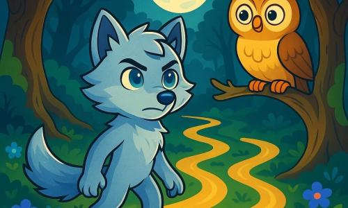 Un jeune loup-garou nommé Luneclaire, avec un pelage argenté, se tient au centre de la scène. Ses yeux bleus expriment une détermination tandis qu'il regarde un chemin mystérieux. À ses côtés, une chouette dorée observe Luneclaire avec encouragement. La scène se déroule dans la Forêt des Chuchotis, entourée d'arbres tordus et de fleurs luminescentes, éclairée par la lune. Luneclaire se tient devant trois chemins mystérieux, prêt à choisir sa voie pour retrouver l’Aube d’Argent et sauver la forêt.
