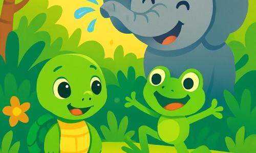 Une tortue nommée Tilly, avec une carapace verte et des yeux curieux, se tient au bord d'une flaque d'eau, souriante. À côté d'elle, une grenouille joyeuse saute, prête à explorer. Un éléphant gris, avec de grandes oreilles, se tient en arrière-plan, riant. Le décor est une jungle luxuriante, remplie de feuillages verts, de fleurs colorées et de rayons de soleil. Tilly et ses amis découvrent ensemble le bruit mystérieux de 'plouf-plouf', entourés de rires et de joie.
