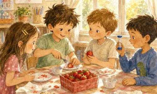 Quatre enfants de 6 ans forment un petit cercle autour d’une boîte de fraises rouge au centre d’une table en bois clair: Malo, cheveux bruns en bataille et t-shirt vert pâle, est assis au centre et montre comment couper une fraise avec une petite cuillère, concentré mais souriant; Lina, cheveux longs avec barrettes jaunes et robe à pois rose, est à sa gauche, penchée en avant, prête à tenir une assiette; Samir, pull bleu à dinosaure et cheveux courts, est à droite, tient un petit sablier en regardant le sable tomber avec une expression encourageante; Hugo, cheveux châtains et t-shirt clair, est en face, tenant une fraise entière et souriant timidement, prêt à essayer. La classe est lumineuse, fenêtres avec rideaux légers laissent entrer une lumière dorée, la table est couverte d’une nappe à carreaux avec serviettes froissées et petits bols blancs; gestes simples et précis, éclaboussures de jus, miettes, sourires et attention partagée créent une ambiance chaleureuse et paisible, rendu aquarelle doux aux couleurs lavées et contours délicats.