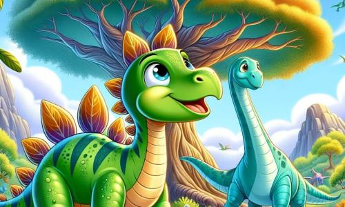 Un jeune stégosaure nommé Spike, avec une carapace verte et une longue queue, se tient au sommet d'une colline, les yeux brillants d'excitation et un large sourire. À ses côtés, sa grande amie Dina, une diplodocus au long cou et à la peau bleu clair, admire un arbre majestueux aux feuilles scintillantes. En arrière-plan, un grand arbre ancien aux branches étendues et aux feuilles dorées se dresse dans une vallée verdoyante peuplée de dinosaures colorés. La scène évoque une atmosphère d'aventure et de découverte, alors que Spike et Dina se préparent à explorer le mystère de l'arbre légendaire.