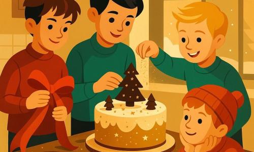 Quatre enfants décorent un gâteau de Noël dans une cuisine chaleureuse et lumineuse. Arthur, 10 ans, avec des cheveux bruns ébouriffés, tient un ruban rouge. Noé, 9 ans, saupoudre des paillettes dorées. Léo, 10 ans, place un sapin en chocolat. Hugo, 9 ans, admire le gâteau. La cuisine a des murs crème et une grande fenêtre. La table en bois est couverte de farine et de chocolats, avec un gâteau décoré de glaçage blanc et d'étoiles en sucre. Les enfants sont concentrés et joyeux, illuminés par l'excitation et la lumière douce.