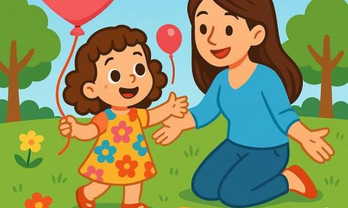 Léa, une petite fille de 4 ans aux grands yeux pétillants et aux cheveux bouclés châtains, sourit en tenant un ballon en forme de cœur rose. Elle porte une robe colorée à fleurs et son visage rayonne de bonheur. À ses côtés, sa maman, une femme d'environ 30 ans aux cheveux longs et bruns, la regarde avec tendresse, prête à l'étreindre. Elles se trouvent dans un parc verdoyant, sous un ciel bleu clair avec quelques nuages. Léa offre le ballon à sa maman, un moment de partage et d'amour, tandis qu'un pique-nique coloré est étalé sur une nappe à carreaux à leurs pieds.