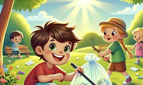 Un petit garçon de 4 ans, Tom, avec des cheveux bruns en bataille et un grand sourire, est accroupi dans un parc ensoleillé, ramassant des déchets avec un sac en plastique. Il porte un t-shirt rouge et un short bleu, et ses yeux brillent d'excitation. À côté de lui, Clara, une fille de 5 ans avec de longs cheveux blonds tressés, tient un autre sac et sourit en montrant un jouet cassé qu'elle a trouvé. Max, un garçon de 6 ans, est debout un peu plus loin, concentré sur le ramassage de papiers. Le parc, rempli d'arbres et de fleurs, est parsemé de déchets. Tom et ses amis nettoient le parc avec des sourires, illustrant leur joie et leur engagement à protéger la nature.