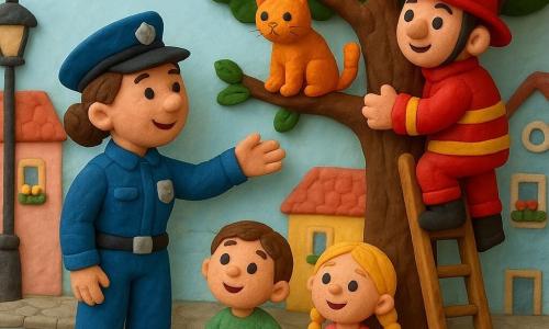 Une scène matinale rassurante : une policière souriante d'environ 30 ans, chignon châtain, en uniforme bleu, tend la main vers un petit chat roux et fluffy perché sur une branche basse; un pompier grand d'environ 40 ans, casque rouge, grimpe une grande échelle en bois pour le sauver; deux enfants — une fille de 6 ans en nattes tenant un ballon rouge et un garçon de 5 ans tenant sa main — regardent émerveillés depuis le trottoir près d'une voiture de police bleue; rue pavée bordée de maisons pastel, lampadaire ancien et pots de fleurs; lumière douce du matin, atmosphère calme; style pâte à modeler, formes arrondies, couleurs saturées et expressions lisibles pour les tout-petits.