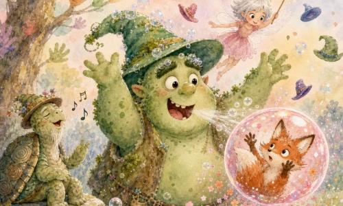 Un ogre joyeux et rond à la peau vert tendre tachetée de mousse et aux grands yeux brillants, coiffé d’un grand chapeau vert qui fait des bulles, rit en levant les bras tandis que Mirette, petite fée aux cheveux argentés et robe rose pâle, flotte derrière lui avec une baguette scintillante en montrant les chapeaux; à gauche, une vieille tortue mâle à la carapace spirale chante doucement, un chapeau sur la tête, et un renard roux malicieux est coincé dans une grosse bulle rose qui se transforme en pluie de fleurs pendant que l’ogre souffle pour l’aider et que la fée calme le vent; la clairière aux herbes douces, coussins de mousse et chapeaux brillants tombant comme des confettis est baignée d’un ciel pastel parsemé de bulles, ambiance chaleureuse, douce et aquarelle.