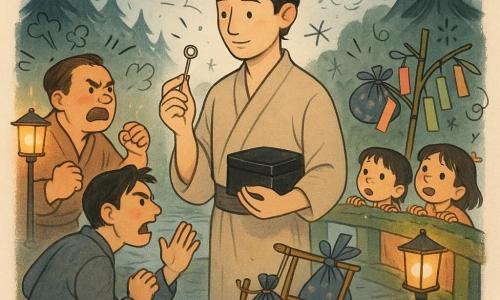 Hideo, homme d’environ 30 ans au visage doux et calme, cheveux noirs en chignon bas, tient une petite clé métallique brillante et une boîte en laque noire sous le bras; face à lui, deux hommes — l’un d’environ 40 ans, visage rouge, sourcils froncés et poings serrés, l’autre d’environ 35 ans, mâchoire crispée et bras en défense — se font face sur un pont de pierres lisses et mouillées bordé de mousse; en arrière-plan proches, un garçon de 8 ans et une fille de 10 ans, émerveillés, sont accrochés à la rambarde; un traîneau en bambou près de Hideo porte un paquet en tissu indigo et des tanzaku colorés; le ruisseau en dessous reflète des cèdres sombres et un petit torii vermillon, l’éclairage est crépusculaire avec des lanternes chaudes projetant de longues ombres; Hideo, calme et déterminé, montre la clé brillante pour apaiser la dispute au moment précis où la colère faiblit et les visages se relâchent.