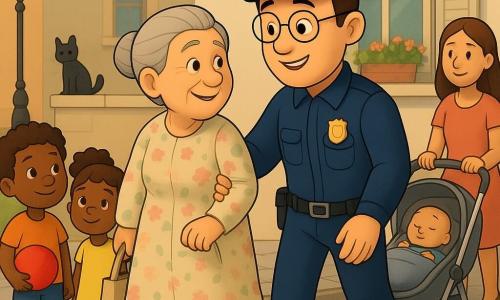 Un policier souriant la trentaine, visage rond et peau claire, en uniforme bleu marine et casquette, aide doucement Madame Dupont, 75 ans, cheveux gris en chignon et robe à fleurs pastel, à traverser la rue ; à gauche deux enfants (8 et 6 ans) jouent au ballon rouge et regardent admiratifs, à droite une jeune mère pousse une poussette grise où dort un bébé et sourit, en arrière-plan une maison de ville claire avec une fenêtre entrebâillée, des fleurs aux rebords et un petit chat noir sur le mur ; rue pavée, trottoirs larges, lampadaire ancien, plantes en pot et lumière douce du matin créent une ambiance chaleureuse et sûre.