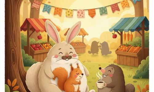 Léon, un lapin dodu beige et blanc aux grandes oreilles, est allongé en demi-cercle et sert de coussin; Roussin, un petit écureuil roux endormi et paisible, est blotti contre lui; Mina la taupe gris-brun tient une tasse de chocolat chaud en touchant l'épaule de Léon; en arrière-plan, le marché de la clairière avec étals en bois et guirlandes sous une lumière dorée; sol d'herbe et feuilles, grosse racine en dossier; ambiance chaleureuse, douce et moelleuse, palette aux tons chauds, composition centrée, silhouettes simples et textures papier visibles.