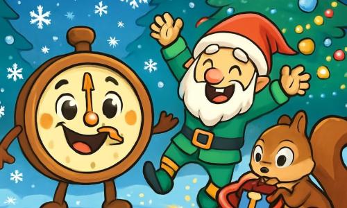 Tictac, une petite horloge en bois aux aiguilles dorées et au visage souriant, est au centre de la scène, entourée de flocons de neige. À sa droite, Fripon, le Lutin Farceur, joyeux avec sa barbe blanche et son costume vert, danse sur un chemin d'étoiles scintillantes. Un peu plus loin, Croustille, un écureuil aux grands yeux malicieux, fouille dans un grand sac rouge rempli de cadeaux, l'air surpris. La scène se déroule dans une forêt enchantée illuminée par des guirlandes de Noël, avec un grand sapin décoré au centre. Tictac et Fripon rient ensemble, tandis que Croustille découvre les trésors, créant une atmosphère festive et pleine de surprises.