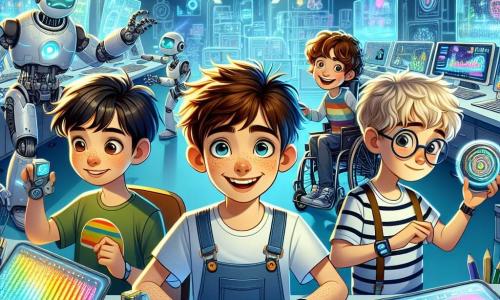 Dans un laboratoire futuriste, quatre amis se tiennent ensemble. Lucas, 12 ans, au sourire éclatant, tient un appareil holographique. À sa droite, Max, 11 ans, avec des lunettes rondes, tapote sur son bracelet technologique. À gauche, Victor, 12 ans en fauteuil roulant, sourit en tenant une tablette avec des graphiques colorés. Enfin, Tom, 11 ans aux cheveux blonds, observe les machines brillantes. Le laboratoire immense est rempli de machines futuristes, de robots et de prototypes d'énergie propre. Les amis essaient de sauvegarder des données cruciales alors qu'une alarme retentit, prêts à protéger leur découverte.