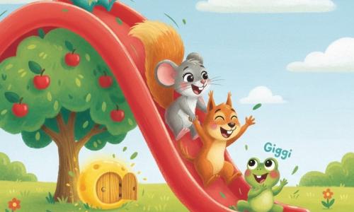 Minette, une petite souris grise aux grands yeux sourit en tenant la queue d’un ami en glissant sur un grand toboggan rouge; Grignote, un écureuil roux espiègle, rit devant elle, Gigi, une grenouille verte aux joues roses, applaudit en bas tandis que Drago, un petit dragon bleu-vert, descend en riant; un fromage magique jaune repose à l’ombre d’un pommier près du toboggan et le parc ensoleillé, avec pelouse, fleurs et ciel bleu, encadre la scène joyeuse et colorée centrée sur les quatre amis.