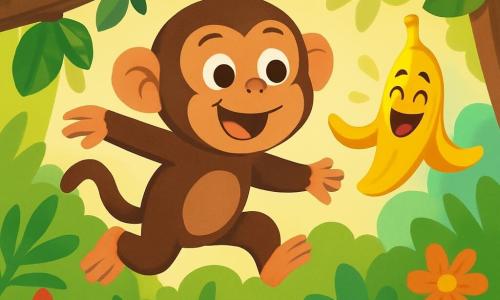 Zozo la guenon, avec son pelage brun et ses grands yeux malicieux, saute joyeusement d'une branche à l'autre, souriante. À côté d'elle, une épluchure de banane souriante flotte dans l'air, riant de tout cœur. La jungle luxuriante, remplie de feuilles vertes et de fleurs colorées, les entoure, avec des rayons de soleil filtrant à travers les arbres. Zozo, amusée, cherche sa banane disparue tout en jouant avec l'épluchure, créant une scène pleine de joie et de rires.