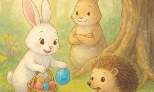 Un petit lapin nommé Flocon, pelage blanc et oreilles rosées, tient un panier d'œufs multicolores et pose un œuf bleu étincelant dans les racines d'un vieil arbre tandis que le grand Lapin de Pâques crème, bienveillant, le regarde, un hérisson aux piquants bruns découvre l'œuf au premier plan ; la scène se déroule dans une clairière ensoleillée à tapis de mousse, fleurs jaunes et mauves et troncs tortueux, avec paniers, œufs peints, quelques traces de chocolat et plumes colorées, créant un instant de Pâques chaleureux et complice.
