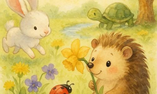 Petit Léo, hérisson rond aux piquants bruns et joues roses, est assis dans une prairie printanière en train de sentir une jonquille jaune; à sa gauche, Lapinou, petit lapin blanc aux grandes oreilles roses, renifle des fleurs, Madame Coccinelle, rouge à pois noirs, est posée près de son museau, et une tortue au dos vert-brun avance lentement près d’un ruisseau; paysage: herbe tendre, pissenlits, violettes, un vieux chêne, ciel pâle et soleil bas, ambiance matin doux avec palette pastel et textures aquarelle aux contours doux.