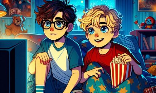 Deux garçons, Lucas et Max, âgés de 12 ans, sont assis sur un lit dans une chambre chaleureuse. Lucas, avec des cheveux bruns en bataille et des lunettes, porte un t-shirt bleu. Max, aux cheveux blonds, est vêtu d'un t-shirt rouge et blotti sous une couverture colorée, tenant un paquet de pop-corn. La chambre est décorée de posters de films d'aventure et de lumières en forme d'étoiles, créant une ambiance magique. Ils regardent un film d'horreur, Lucas est nerveux tandis que Max propose de jouer à un jeu pour détendre l'atmosphère, illustrant leur camaraderie face à l'obscurité.