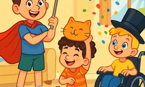 Trois personnages sont présents : Maxime, un garçon de 8 ans avec une cape rouge, se tient debout, déterminé ; Hugo, un garçon de 6 ans, espiègle avec un coussin-chat sur la tête, fait semblant de ronronner assis au sol ; et Lucas, un garçon de 4 ans dans son fauteuil roulant, joyeux avec un chapeau haut-de-forme laissant tomber des confettis. L'action se déroule dans un salon lumineux aux murs jaunes, rempli de coussins colorés et d'un grand tapis moelleux. Les frères sont en compétition pour trouver l'objet le plus rigolo de la maison : Maxime brandit une louche, Hugo rit avec son coussin-chat, et Lucas fait jaillir des confettis, tous riant ensemble dans une ambiance joyeuse.