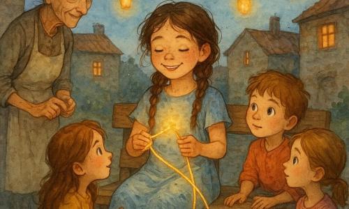 Lila, 8 ans, rayonnante et apaisée, est assise sur un banc en bois au centre de la place du village au crépuscule, tenant un fil d'or brillant enroulé autour du cou et dans les mains comme une petite lampe invitant les enfants à écouter ; elle a des tresses brunes un peu rebelles, des taches de rousseur, une robe bleu pâle tachée d'encre et un sourire doux. À gauche, une vieille couturière d'environ 70 ans, maigre et courbée, cheveux gris en chignon et tablier de lin, tient une petite bobine et regarde Lila avec bienveillance depuis l'arrière du banc. Trois enfants du village (deux filles et un garçon, 6–9 ans) sont assis ou agenouillés autour du banc, yeux curieux, vêtements colorés, chacun tenant un petit bout de fil et regardant Lila attentivement. La place pavée, maisons de pierre aux toits ocres et lampions suspendus diffusent une lumière chaude tandis que les étoiles apparaissent dans un ciel lavé d'aquarelle ; l'ambiance est intime, douce et légèrement magique, contrastant le doré chaud du fil avec les bleus du soir, textures d'aquarelle visibles et petites éclaboussures donnant du mouvement.