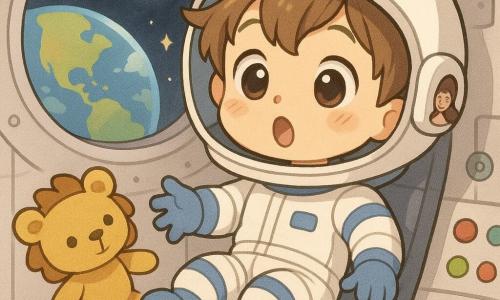 Noé, garçon d'environ 5 ans au visage rond et souriant, cheveux brun clair en bataille, yeux grands et brillants et bouche en petit o, flotte légèrement dans son siège avec un casque blanc; il porte une combinaison spatiale blanche à bandes bleues et bottines rembourrées, sa peluche lion moutarde aux yeux cousus noirs flotte près de sa main. La maman apparaît en mini-portrait souriant sur l'écran du casque. Intérieur d'une petite cabine de fusée blanche et ronde aux parois métalliques douces, instruments ronds colorés et grand hublot; dehors la Terre bleue et verte en bas et la Lune grise lumineuse devant, étoiles scintillantes. Atmosphère calme, couleurs douces, style manga enfantin aux traits arrondis et expressions chaleureuses.