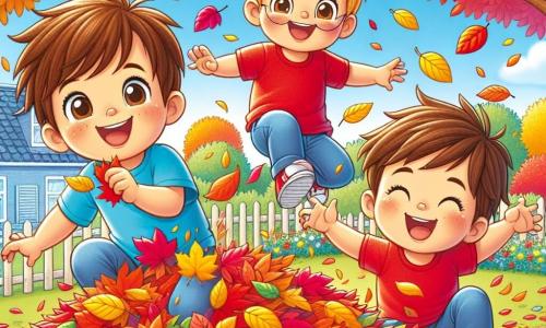 Trois garçons de quatre ans, Tom, Léo et Hugo, jouent dans un jardin coloré. Tom, aux cheveux bruns, saute dans un tas de feuilles multicolores. Léo, blond avec des lunettes rondes, sourit en soufflant sur une feuille. Hugo, avec des cheveux châtains et un t-shirt rouge, rit en lançant des feuilles. Le jardin est parsemé d'arbres aux feuilles dorées, oranges et rouges, sous un ciel bleu clair avec quelques nuages. Les amis s'amusent à sauter dans les feuilles, créant une pluie de couleurs vives dans une douce brise d'automne.