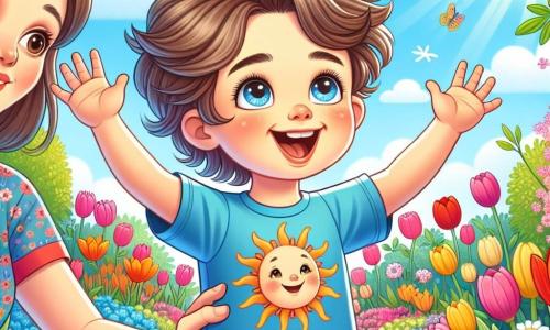 Un petit garçon de 4 ans, Lucas, avec des cheveux châtains en bataille et des yeux pétillants, se tient au milieu d'un jardin coloré. Il porte un t-shirt bleu avec un dessin de soleil et un short rouge, souriant en levant les bras vers le ciel, émerveillé par le printemps. Sa maman, une femme d'une trentaine d'années avec des cheveux bruns attachés, se tient à côté de lui, souriante et encourageante. Le jardin regorge de fleurs éclatantes sous un ciel bleu clair. Lucas découvre une petite boîte avec une carte de chasse au trésor à l'intérieur, excité et curieux, prêt à partir à l'aventure.