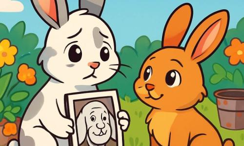 Un jeune lapin nommé Eliot, à la fourrure blanche et aux taches grises, se tient dans un jardin potager coloré. Ses yeux mélancoliques se posent sur une photo en noir et blanc de son grand-père Gaspard, un vieux lapin aux longues oreilles et au sourire chaleureux. À ses côtés, sa meilleure amie Capucine, une lapine rousse aux yeux pétillants, l'observe avec douceur, assise sur l'herbe. Le jardin, rempli de fleurs, de carottes bien alignées et d'un vieux seau en métal rouillé, est sous un ciel bleu clair. La scène illustre un moment de souvenir partagé entre Eliot et Capucine, évoquant les histoires de Gaspard dans la beauté du jardin, symbole de vie et de mémoire.