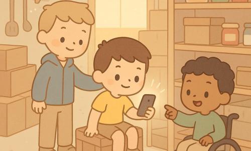 Trois garçons d'environ 10 ans dans une réserve de boutique cosy et encombrée : un garçon aux cheveux bruns courts en t‑shirt jaune, assis sur une caisse au centre gauche, tend la main pour éclairer un coin sombre avec la lampe de son téléphone ; un garçon aux cheveux blonds en brosse et veste bleue, debout à gauche, soutient le bras du premier en riant légèrement, poussière légère près de ses pieds ; un garçon à la peau mate, cheveux noirs bouclés et pull vert, assis en fauteuil roulant à droite, pointe et sourit en direction d'une petite chatte grise endormie cachée derrière une étagère ouverte. Les étagères en bois clair sont remplies de boîtes et bocaux, cartons empilés, une grande étagère poussée sur le côté, outils au mur et une lumière chaude venant d'une porte vitrée à l'arrière ; farine légère en suspension. Scène d'excitation douce, ronronnement suggéré, expressions joyeuses et curieuses, palette pastel (jaune doux, bleu ciel, vert tendre, gris doux), style kawaii minimal aux formes rondes et contours nets.