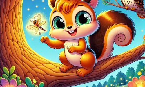 Un écureuil nommé Chouchou, aux yeux pétillants et au pelage brun doré, grimpe sur une branche d'un chêne, souriant et tenant une étoile brillante dans ses pattes. À ses côtés, une luciole nommée Lili, avec son corps lumineux, vole joyeusement en l'encourageant. En arrière-plan, un hibou sage nommé Houbli observe la scène avec bienveillance. Ils se trouvent dans le Pays des Étoiles Scintillantes, un lieu magique rempli de fleurs chantantes et de rivières étincelantes. Chouchou est prêt à lancer l'étoile vers le ciel, tandis que Lili et Houbli l'encouragent.