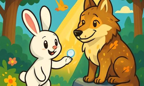 Un lapin aux grandes oreilles et au pelage blanc se tient dans une clairière ensoleillée, regardant un loup majestueux au pelage brun doré. Le loup, assis sur un rocher, exprime gratitude et soulagement, tandis qu'un rayon de lumière dorée illumine la scène. Des arbres verts entourent la clairière, et des fleurs sauvages dansent au vent. Le lapin tend une perle brillante au loup, symbolisant courage et amitié, tandis que des oiseaux colorés volent dans le ciel bleu clair.
