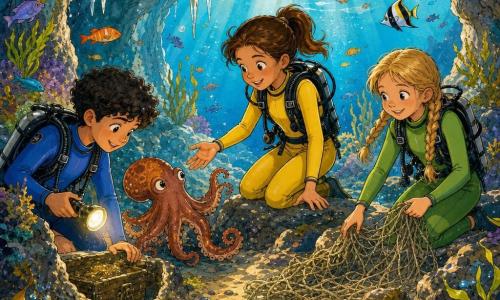 Trois enfants explorent une grotte sous-marine lumineuse : au centre une fille de 10 ans aux cheveux bruns en queue de cheval, en combinaison jaune, agenouillée sur un rocher tend la main vers une pieuvre curieuse ; à gauche un garçon de 11 ans aux cheveux bouclés noirs en combinaison bleue tient une petite lampe éclairant une vieille boîte en bois cachée entre des pierres ; à droite une fille de 9 ans aux cheveux blonds en tresses en combinaison verte ramasse un filet abandonné en souriant aux autres, tandis que les parois translucides, les algues ondulantes, les poissons colorés et le sable parsemé de coquillages créent une ambiance joyeuse et claire.