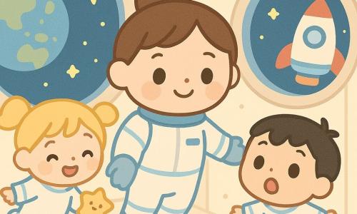 Une pilote souriante aux cheveux bruns en chignon, vêtue d'une combinaison spatiale blanche bordée de bleu, guide deux enfants flottant dans l'intérieur chaleureux d'une station spatiale crème aux hublots montrant la Terre ; une fillette de 6 ans aux couettes blondes tient un petit jouet étoile près de la fenêtre, un garçon de 5 ans aux cheveux noirs observe la Terre bouche bée ; la fusée est amarrée, lumière douce, ambiance calme et magique, stickers de planètes et câbles colorés.