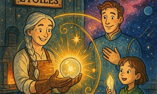 Lyra, forgeronne déterminée au sourire doux et aux cheveux argentés en longue tresse, tient une sphère de cristal brillante qui émet gerbes de lumière dorée ; Orion, grand et bienveillant, se tient derrière elle, la main sur la poitrine, regard admiratif ; une apprentie émerveillée tient un éclat de cristal à ses côtés. Ils sont dans la Forge des Étoiles, vaste atelier aux murs métalliques parsemés de lueurs stellaires, avec un établi en bois et une grande baie donnant sur une nébuleuse rose-violette et des planètes bleues. Lyra vient d’activer la sphère : une bulle protectrice dorée et translucide se déroule en volutes scintillantes autour du centre, repoussant une pluie de météorites étincelantes tandis que des éclats et des étincelles volent partout.