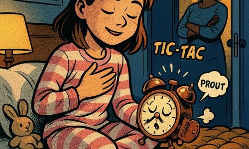 Fille de 12 ans, Lila, visage doux et concentré, yeux mi-clos, sourire paisible, en pyjama rayé rose et blanc, assise sur son lit, main droite sur le cœur et main gauche tenant un petit réveil rond en cuivre anthropomorphe qui émet une minuscule bulle de BD avec le mot prout et une bulle tic-tac ; mère adulte, silhouette discrète dans l'encadrement de la porte, souriant, bras croisés ; chambre tranquille éclairée par une lampe chaude et une raie de lune bleutée, couvertures en grosse laine moutarde, oreiller blanc moelleux, peluche lapin près du réveil, affiche d'étoiles au mur et tapis épais ; moment tendre et légèrement comique, composition serrée sur le lit, expressions claires, couleurs chaudes contrastant avec le bleu nuit.