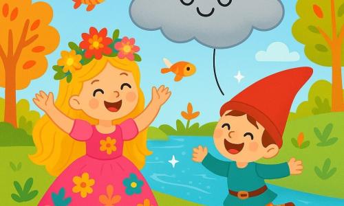 Une princesse joyeuse, Églantine, d'environ 8 ans, avec de longs cheveux dorés et une couronne de pétales de fleurs colorées, danse avec un grand sourire. Elle porte une robe rose éclatante ornée de motifs floraux. À côté d'elle, un petit lutin espiègle nommé Farfelin, un garçon de 6 ans, avec des chaussettes rayées et un chapeau trop grand, fait des pirouettes en riant. Ils se trouvent au bord d'une rivière enchantée, où l'eau scintille sous le soleil et où des poissons volants tourbillonnent dans le ciel bleu. Des arbres aux troncs dorés et aux feuilles multicolores entourent la scène, créant une atmosphère magique. Églantine et Farfelin s'amusent tandis qu'un gros nuage gris se transforme en un ballon doux, flottant au-dessus d'eux. Églantine lève les bras avec émerveillement, exprimant sa joie.