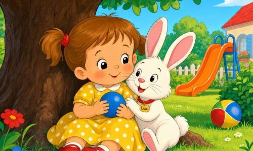 Une fillette de 2 ans, assise dans l'herbe, souriante et paisible, robe jaune à pois blancs, cheveux courts châtains en couettes, tient un petit ballon bleu; à côté d'elle Lulu, un petit lapin blanc aux longues oreilles roses, la câline joyeusement; ils sont côte à côte sous un grand arbre à tronc large, entourés d'une pelouse verte, de fleurs colorées et d'un toboggan orange, ambiance chaleureuse, couleurs vives et style simple et expressif pour tout-petits.