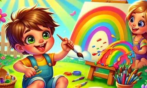 Un petit garçon de 4 ans, Paul, aux cheveux bruns en bataille et aux yeux pétillants, est assis sur l'herbe, tenant un pinceau et une palette de couleurs vives. Il sourit avec enthousiasme. À côté de lui, Léa, une animatrice souriante d'environ 25 ans, l'encourage à peindre son arc-en-ciel. Le jardin ensoleillé est rempli de fleurs colorées et d'arbres majestueux, avec des rayons de soleil filtrant à travers les feuilles. Paul peint un magnifique arc-en-ciel sur une toile, entouré de ses amis qui créent leurs propres œuvres d'art, dans une atmosphère joyeuse et créative.