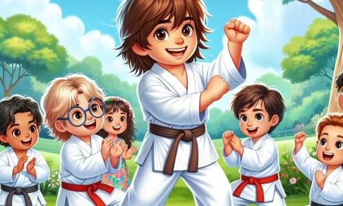 Léo, un garçon de 7 ans aux cheveux bruns en bataille et au grand sourire, porte un kimono blanc et montre un mouvement de karaté. À ses côtés, Max, également âgé de 7 ans, a des cheveux blonds et des lunettes, et fait un geste de karaté avec enthousiasme. Plusieurs enfants de 6 à 8 ans les regardent, émerveillés. Une petite fille aux cheveux bouclés lève les bras, prête à essayer, tandis qu'un garçon en t-shirt rouge applaudit. La scène se déroule dans un parc verdoyant avec des arbres et des fleurs, sous un ciel bleu parsemé de nuages. Léo et Max montrent aux autres enfants des mouvements de karaté, créant une atmosphère joyeuse et amicale.