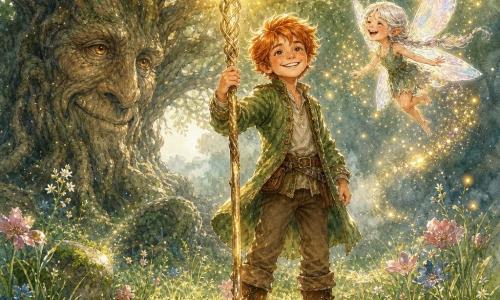 Bran, un jeune garçon joyeux et déterminé aux mèches rousses, en veste de lin vert et bottes de cuir, sourit et pose la main sur un long sceptre scintillant planté dans le sol, posture victorieuse ; Neria, une petite fée espiègle aux ailes irisées et à la tresse argentée, vole en riant avec des étincelles dorées autour d’elle ; à l’arrière-plan gauche se dresse le Grand Chêne, arbre ancien aux yeux d’ambre sculptés, racines noueuses et une feuille dorée accrochée ; la clairière baignée d’une lumière douce présente herbe haute vert émeraude, fleurs sauvages, pierres moussues et un léger brouillard ; on voit le moment où Bran retire le Sceptre du Rire des Brumes Sombres : une chaude lumière irradie du sceptre, poussières dorées flottent et la couleur vive de la forêt renaît contrastant avec l’obscurité résiduelle ; style aquarelle texturée, traits fins au gel blanc pour les lueurs, palette chaude dominée par verts, ors et tons terre, ambiance magique et bienveillante.