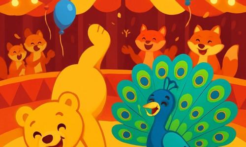 Dodo, un ourson doré au pelage doux et brillant, fait la roue sur la piste du cirque, son visage rayonnant de joie. À côté, Gaspard, un paon aux plumes éclatantes, déploie sa roue colorée avec un sourire fier. Le chapiteau de cirque, aux rayures rouges et jaunes, est décoré de lumières scintillantes et de ballons, créant une atmosphère festive. Au fond, des spectateurs, écureuils et renards, applaudissent avec enthousiasme, ajoutant à l'énergie joyeuse de la scène. Dodo et Gaspard, en pleine performance, font rire le public avec leur numéro coloré, remplissant l'air de rires et de bonheur.