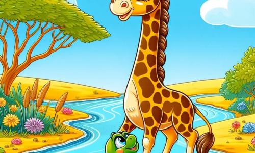 Une girafe nommée Gigi, avec un long cou élégant et un pelage tacheté de jaune et de brun, se tient au bord d'une rivière scintillante, affichant une expression joyeuse. À ses côtés, une tortue nommée Titi, avec une carapace verte, regarde avec admiration, prête à grimper sur le dos de Gigi pour traverser la rivière. Le lieu est une savane ensoleillée, parsemée d'acacias et de fleurs colorées, avec un ciel bleu. Gigi s'agenouille pour permettre à Titi de monter sur son dos, prête à traverser le courant de la rivière, symbolisant l'amitié et le courage.