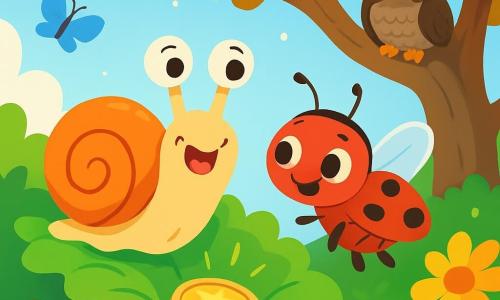 Un petit escargot nommé Léo, avec une coquille brillante et des yeux curieux, se tient sur une feuille de laitue, affichant une expression joyeuse. À côté de lui, une coccinelle rouge nommée Mimi vole joyeusement, ses ailes scintillant au soleil, tout en regardant Léo avec un sourire complice. En arrière-plan, un vieux chêne majestueux abrite un hibou sage qui observe la scène. Le jardin est rempli de fleurs colorées et de papillons. Léo découvre un médaillon mystérieux sous la feuille, partageant ce moment magique avec Mimi, émerveillés par le secret trouvé.