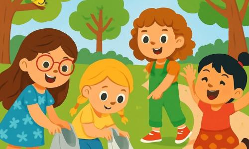 Quatre enfants sont présents : Léa, 6 ans, avec de longs cheveux bruns et des lunettes roses, porte une robe bleue à fleurs et ramasse un papier en souriant. Mia, 5 ans, avec des cheveux blonds en tresses, en t-shirt jaune et short en jean, est accroupie avec un sac en plastique. Zoé, 6 ans, cheveux bouclés châtains, en salopette verte et baskets rouges, pointe un papier au sol avec enthousiasme. Anna, 5 ans, avec des cheveux noirs en queue de cheval, en t-shirt rose et jupe à pois, saute de joie à côté de ses amies. Elles se trouvent dans un parc verdoyant avec des arbres, des fleurs colorées et un chemin en gravier. Les filles ramassent des papiers sur l'herbe, souriantes, tandis qu'un chien les observe.