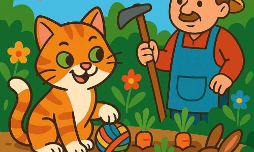 Un chat nommé Max est assis près d'un jardin luxuriant, ses yeux verts malicieux et son pelage rayé orange et blanc brillant au soleil. Il joue avec une pelote de laine, un sourire espiègle sur le visage. Un fermier d'âge moyen, avec une casquette en paille et un tablier, l'observe amusé, tenant une houe. Le jardin est rempli de carottes bien alignées, entourées de fleurs colorées et de papillons. La scène montre Max distrayant le fermier pendant que des animaux cachés dans les buissons s'approchent pour voler des carottes.