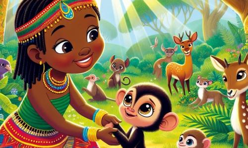Amina, une femme africaine d'une cinquantaine d'années, sourit chaleureusement. Ses cheveux noirs tressés sont ornés de perles colorées et elle porte une robe aux motifs africains. Elle s'accroupit près d'un petit singe triste, lui tenant la main avec tendresse. Le singe, un jeune mâle aux yeux pétillants et pelage brun, la regarde avec espoir. Dans une forêt luxuriante, entourée d'arbres majestueux, de fleurs colorées et d'oiseaux chantants, des rayons de soleil créent une ambiance magique. Amina réconforte le singe en lui parlant de l'amitié et de la diversité, tandis que les autres animaux, curieux, s'approchent pour écouter.