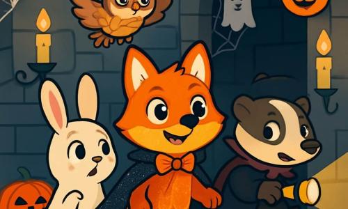 Un jeune renard orange vif, en costume de velours scintillant et cape mystérieuse, se tient au centre de la scène, émerveillé et courageux. À ses côtés, une lapine en costume de fantôme regarde avec curiosité et appréhension. Un blaireau en déguisement de vampire, tenant une lampe torche, éclaire la pièce avec détermination. Une chouette en sorcière survole la scène, observant ses amis. Ils se trouvent dans une maison hantée avec des murs en pierre grise, des toiles d'araignée et des chandelles vacillantes. Des décorations d'Halloween, comme des citrouilles et des fantômes en papier, ornent les murs. Le groupe d'amis cherche des trésors cachés, dans une atmosphère mystérieuse et festive, remplie d'aventure et d'amitié.