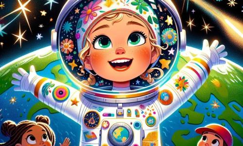 Chloé, une astronaute souriante, flotte au centre de l'image dans l'espace, portant un casque transparent et une combinaison spatiale blanche décorée de couleurs vives et de patchs d'étoiles. Ses bras sont ouverts, comme si elle dansait parmi les étoiles. Autour d'elle, des enfants sont captivés : Lucas, 8 ans, lève la main avec enthousiasme ; Emma, 7 ans, regarde avec admiration ; et Timothée, 6 ans, sourit en pointant une comète brillante. Le décor est un vaste espace noir rempli d'étoiles, avec la Terre visible en arrière-plan. Chloé partage son rêve d'exploration spatiale, créant une atmosphère d'émerveillement et d'inspiration.